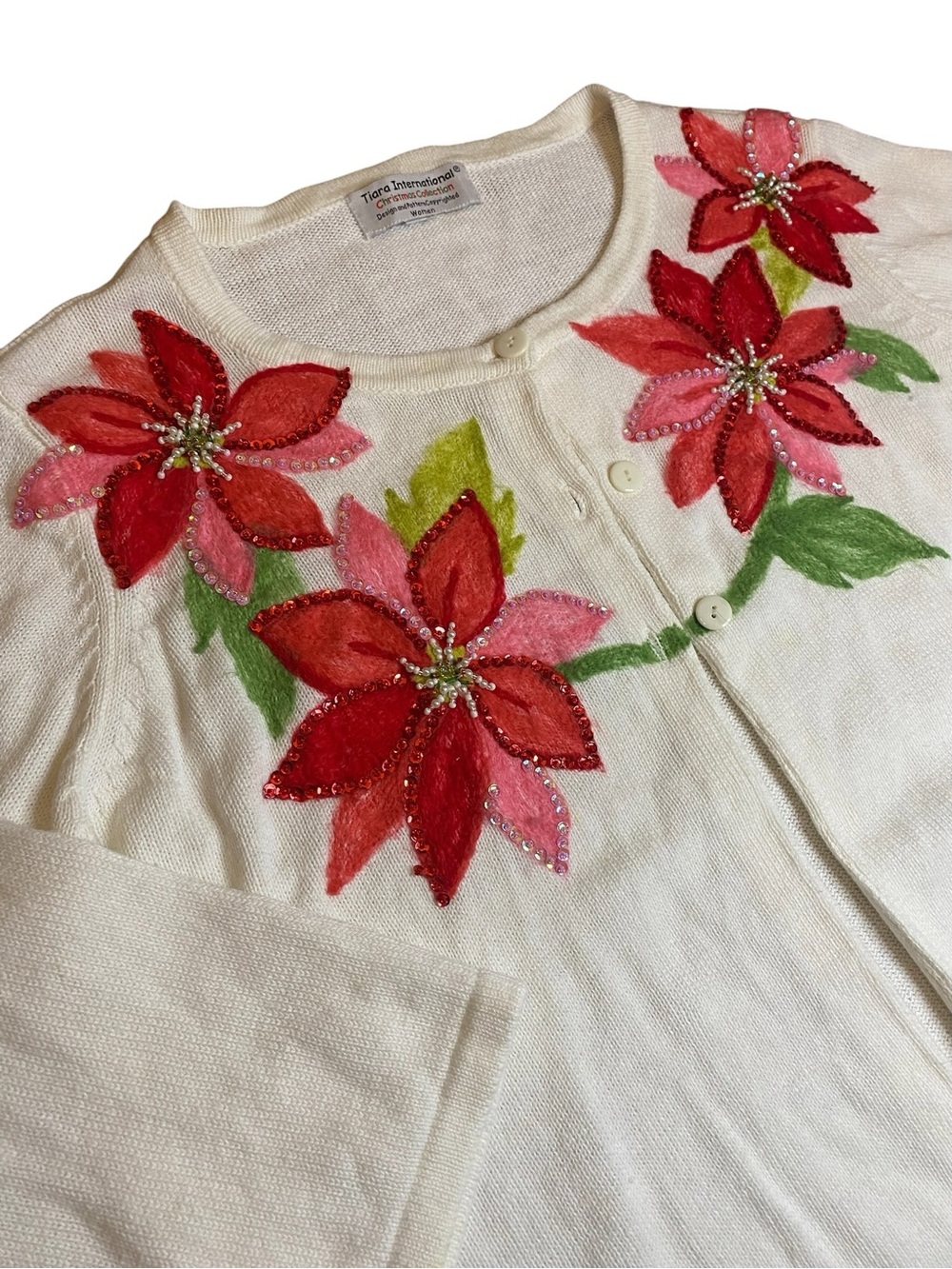 Vintage Felted Cardigan Women’s XL Floral Beaded Holiday Party Sweater Grandma